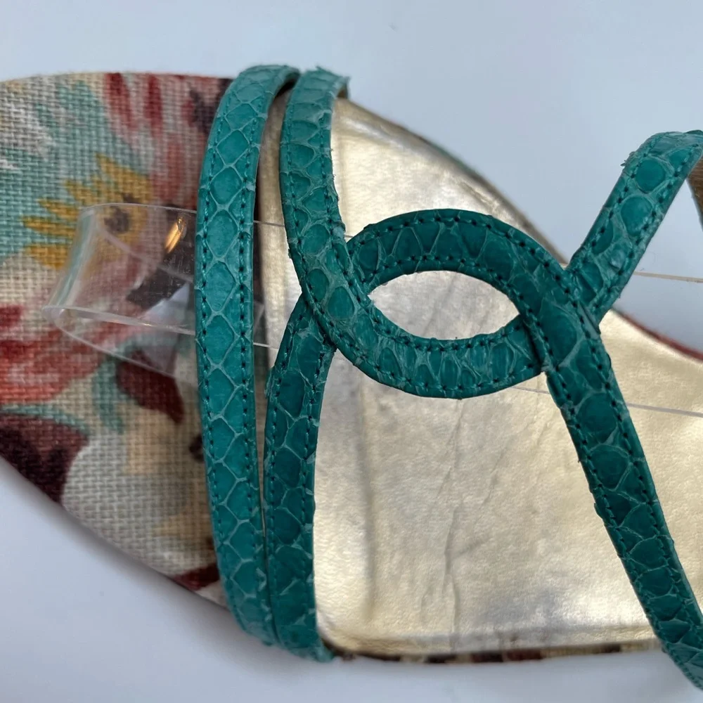 Dolce & Gabbana Turquoise Snake-Embossed Leather & Floral Canvas Flats Size 7.5 - Picture 5 of 9